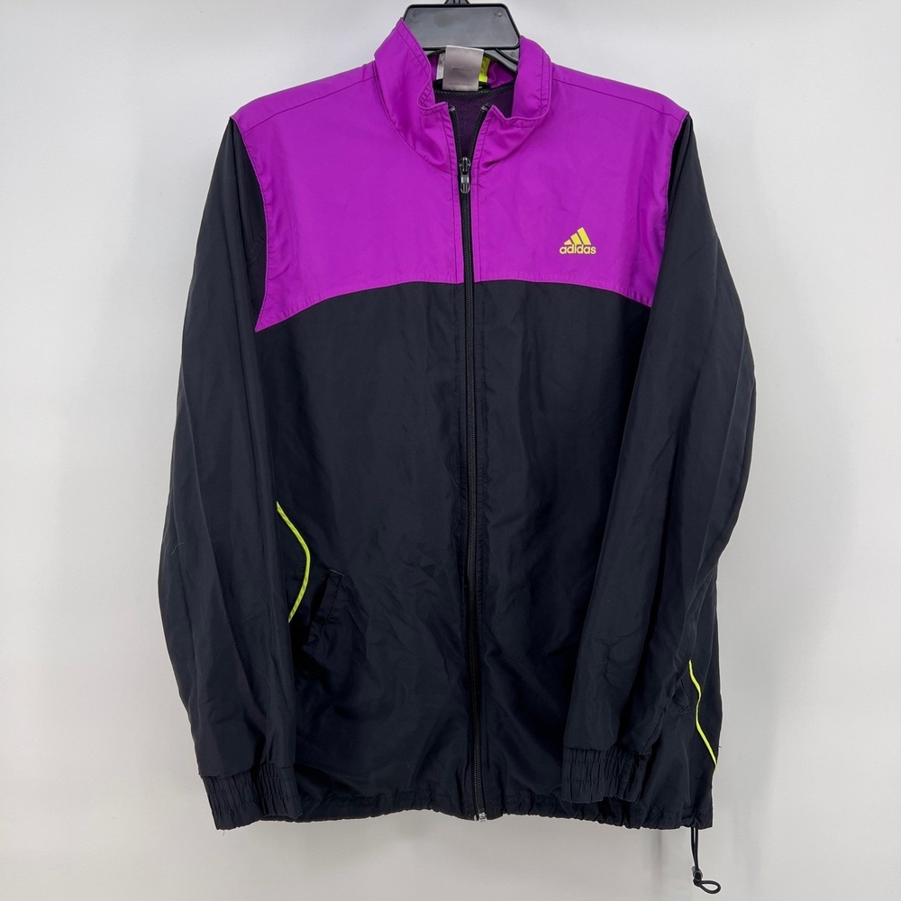 Adidas Women Track Jacket Purple Black Neon Accent Full Zip Sportswear Size‎ L